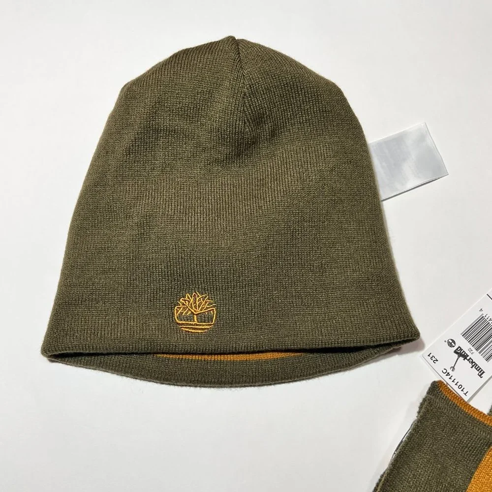Timberland Beanie Hat Scarf Set Reversible Tan Green One Size Unisex Winter